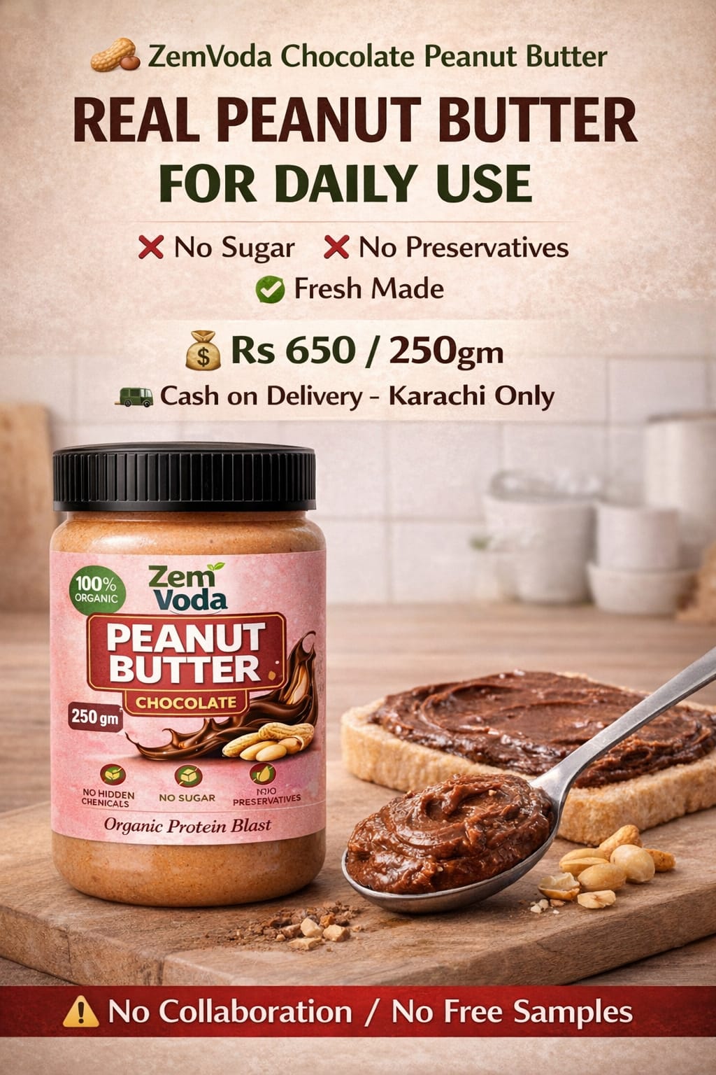 Zem Voda 100% Organic Peanut Butter Chocolate – No Sugar, No Chemicals (250g)